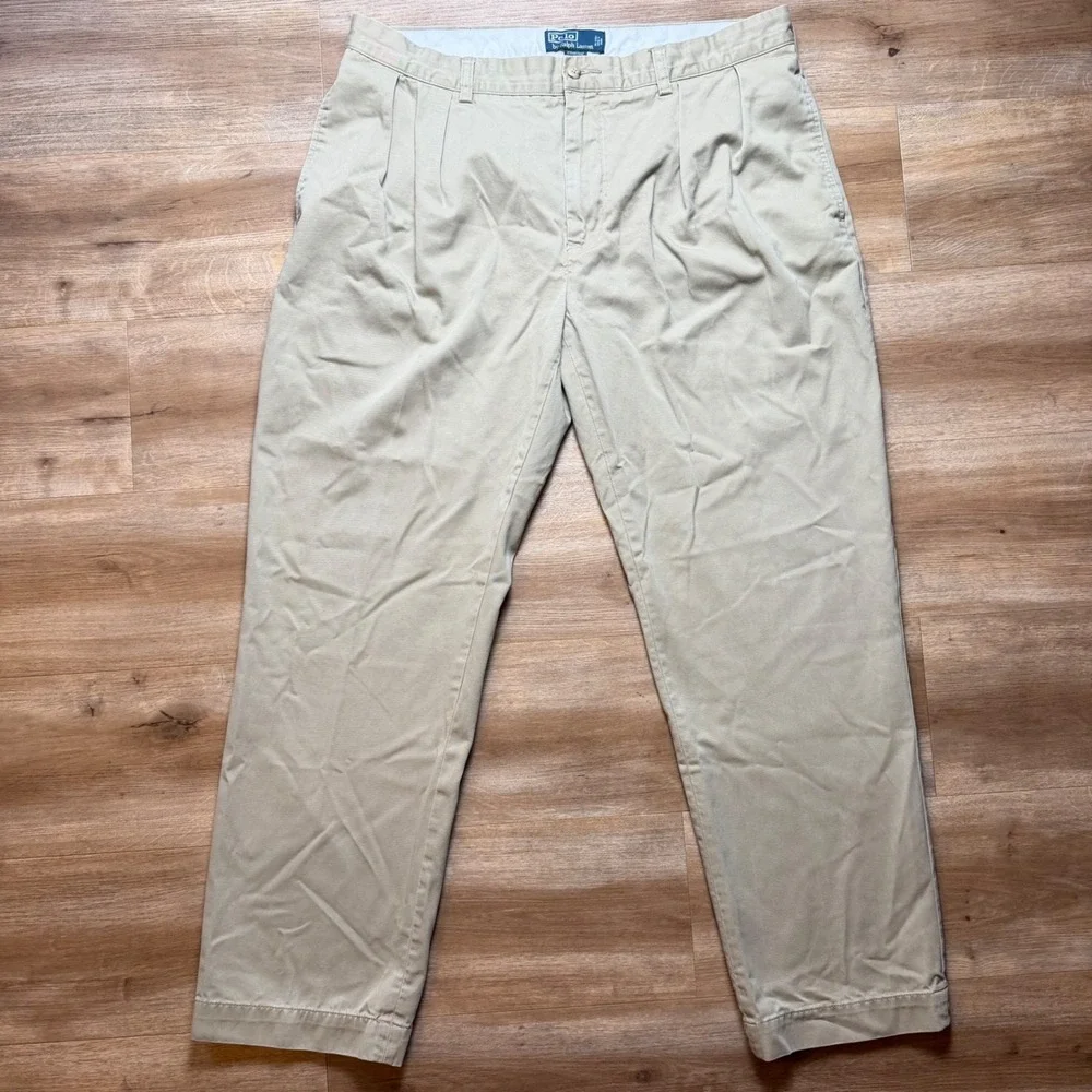 Polo Ralph Lauren Ethan Pant Mens 38x32 Khaki Tan Pleated Cotton Chino Trousers
